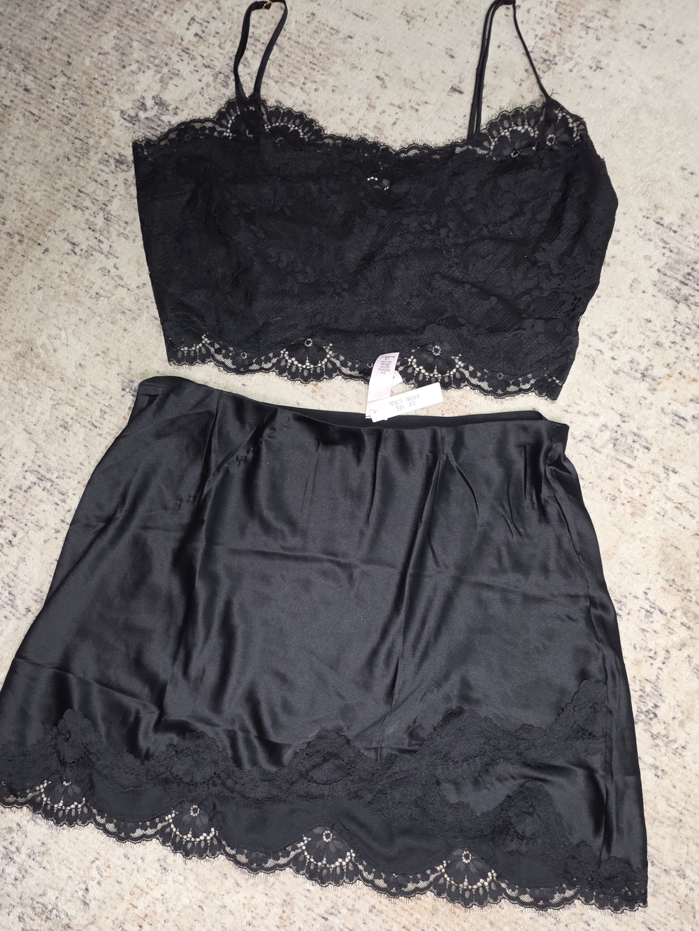 Victoria's Secret Black Lace Satin Mini Slip Set
